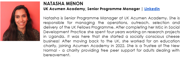 Bio example: Natasha is Senior Programme Manager at UK Acumen Academy ...